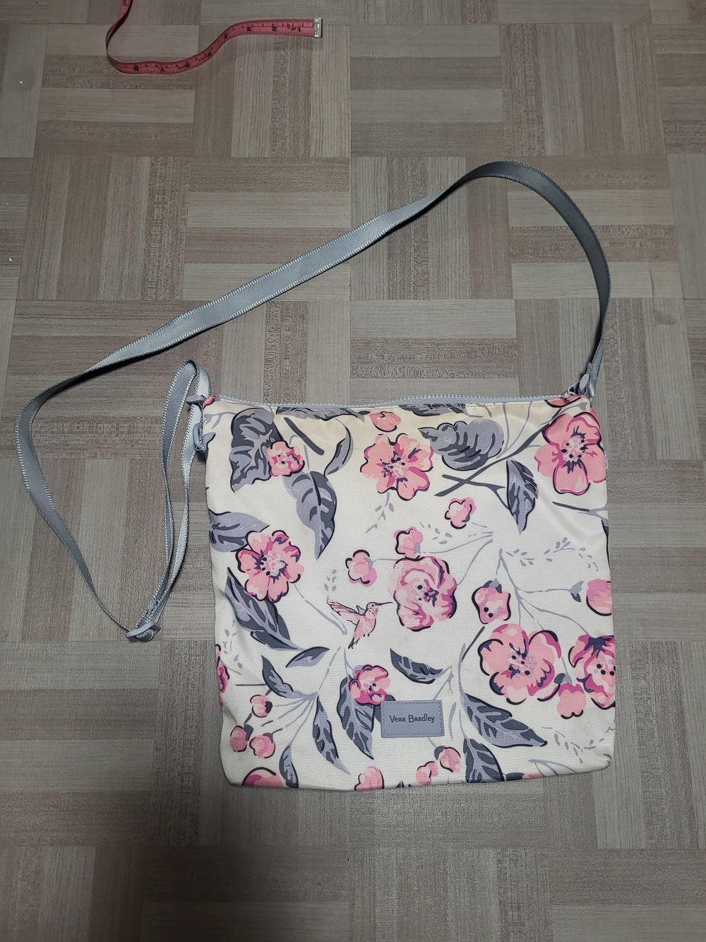 Vera Bradley Pink Floral Cream Crossbody Bag with Gray Strap